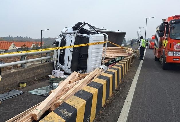 제주 평화로서 트럭 전도사고…나무 쏟아져 한때 혼잡