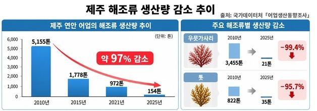 '끓는 바다'에 제주 바다숲 사라졌다…해조류 생산량 15년 새 97% 급감