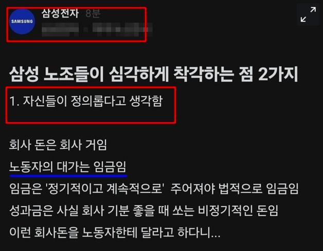 "떼거리로 뭉치면 다 정의냐"…삼전 직원의 노조 저격 글 블라인드 등장