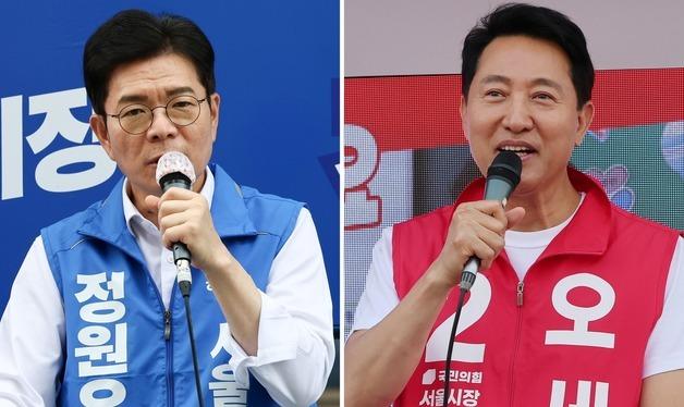 연휴 마지막날 유세 총력전 나선 정원오·오세훈