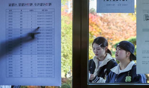 수능 시험실 위치 확인하는 수험생들